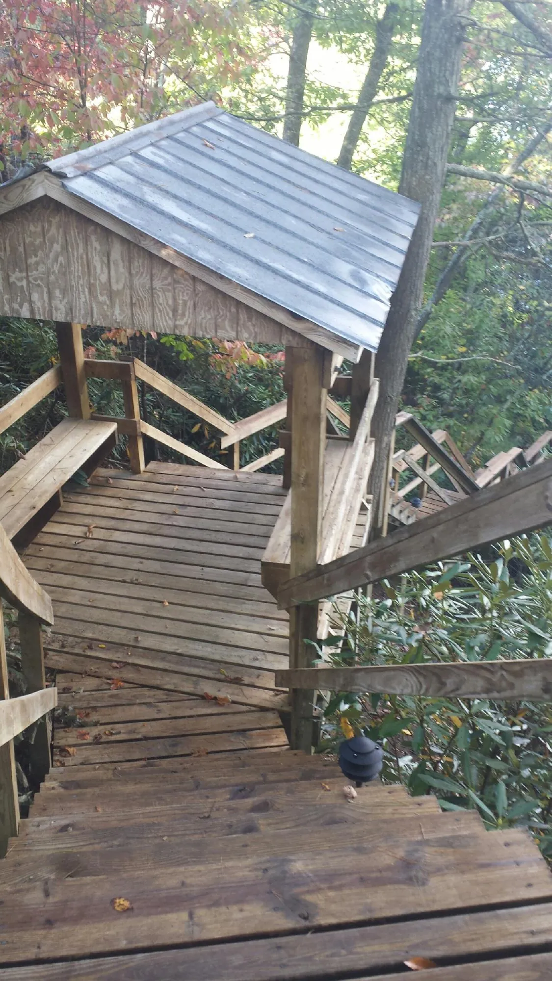Metal roofed shelter over wooden steps on a wooded walkway — Skylight Repair & Installation work by our crew in Mira Loma